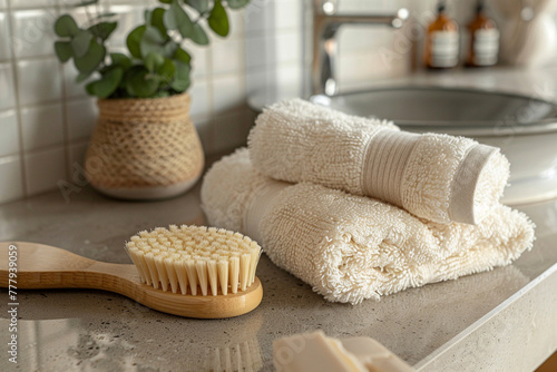 Clean rolled towels, massage brush and bar of soap on countertop in bathroom