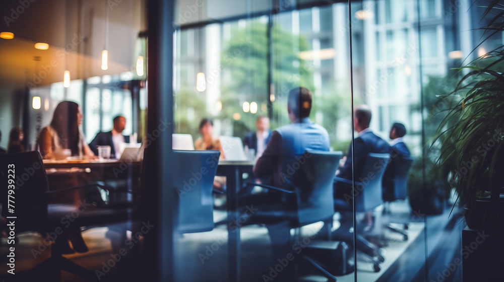 © melhak - Blurry Office Meeting Through Glass Wall: Focusing on Corporate Teamwork and Workplace Dynamics.