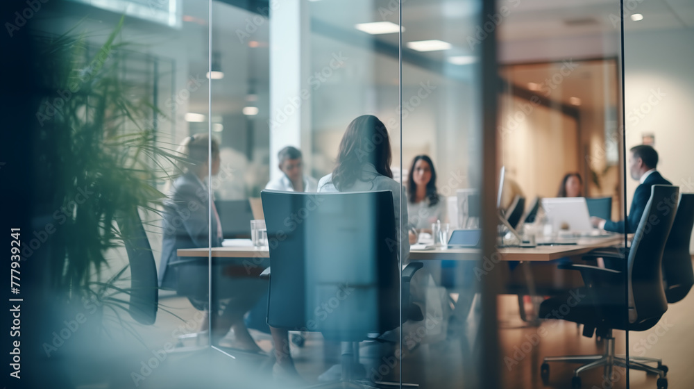 Blurry Office Meeting Through Glass Wall: Focusing on Corporate Teamwork and Workplace Dynamics.