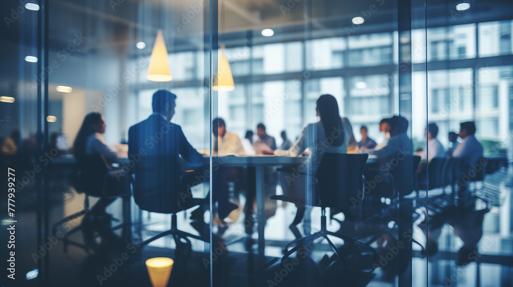 Blurry Office Meeting Through Glass Wall: Focusing on Corporate Teamwork and Workplace Dynamics.