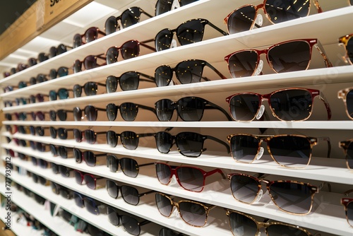 Stylish sunglasses arranged on shelves in glasses store, ready for selection photo