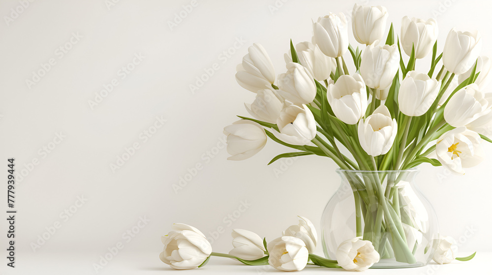 White spring tulips in a vase on a white table. Mock up for displaying works beautiful bouquet of white tulips in white vase on a light background, Generative Ai