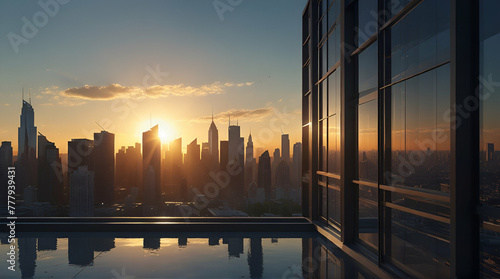 3D Rendering of mega city with sun ray light in morning. Concept of restart, resume, monday morning work, recruitment, central business center district (CBD).generative.ai