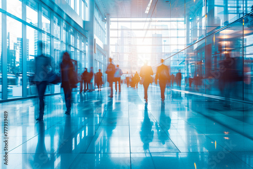 Bright business workplace with people in walking in blurred motion