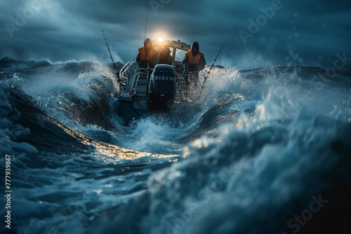 Brutal men team departing in motor boat vessel heading in open stormy sea for night fishing. Hard men's work and Natural resources concept image photo