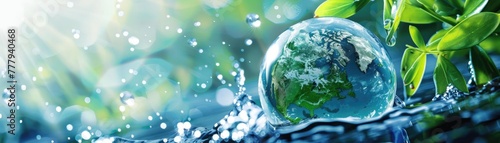 Gleaming Earth Globe Nestled in Water Droplets Surrounded by Fresh Green Leaves  Evoking Eco-Friendliness