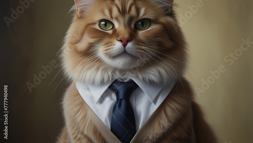 A dignified feline in a sleek business suit, the cat exudes professionalism and sophistication. This photorealistic painting showcases a fluffy pet, corporate © Prateek