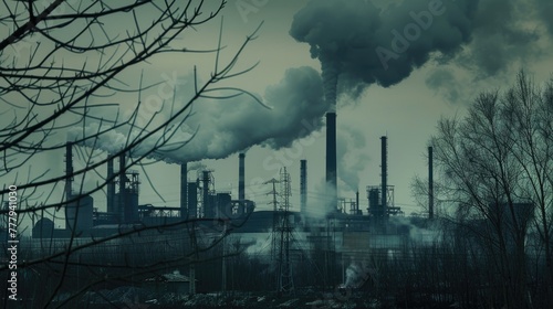 Pollution Overcast: Factory Smoke Rising Above Pine Forests in a Moody Industrial Landscape © Nakarin