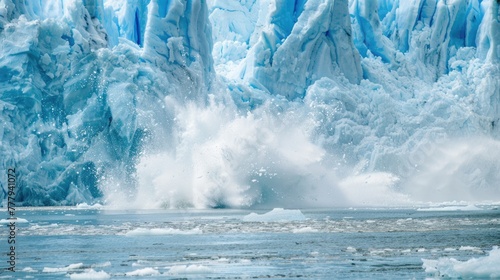 Dynamic Iceberg Calving from Glacial Cliff into Icy Ocean Waters under a Clear Blue Sky