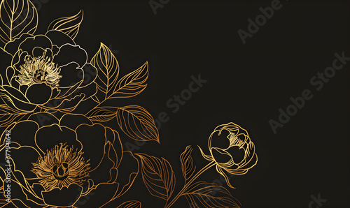 Fototapeta Naklejka Na Ścianę i Meble -  A golden line art of peonies on the left side against a black background,Generative AI 