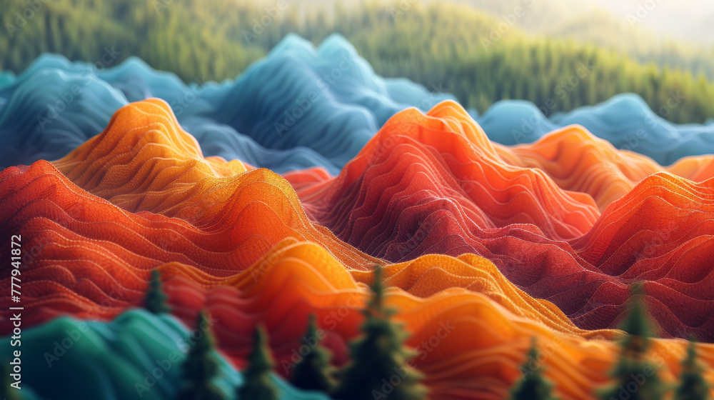 Seamless pattern of colored mountains with trees. Vector illustration.