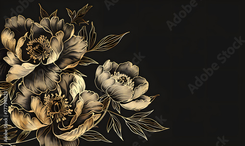Fototapeta Naklejka Na Ścianę i Meble -  A golden line art of peonies on the left side against a black background,Generative AI 