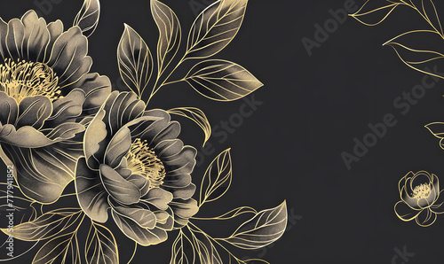 Fototapeta Naklejka Na Ścianę i Meble -  A golden line art of peonies on the left side against a black background,Generative AI 