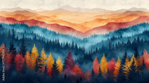 Seamless pattern of colored mountains with trees. Vector illustration.