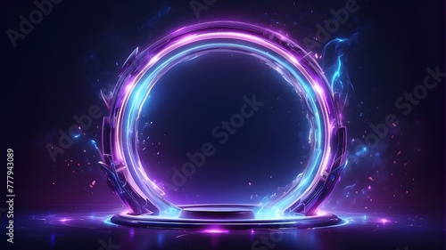 Energy in the form of background with lights,Abstract modern futuristic neon background. Large object in the middle, space backdrop. Dark scene with neon light. Reflection of light on a moist surface.