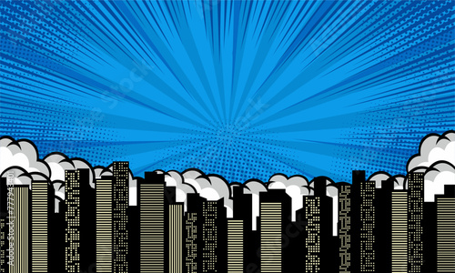 Comic blue background with cloud and city silhouette