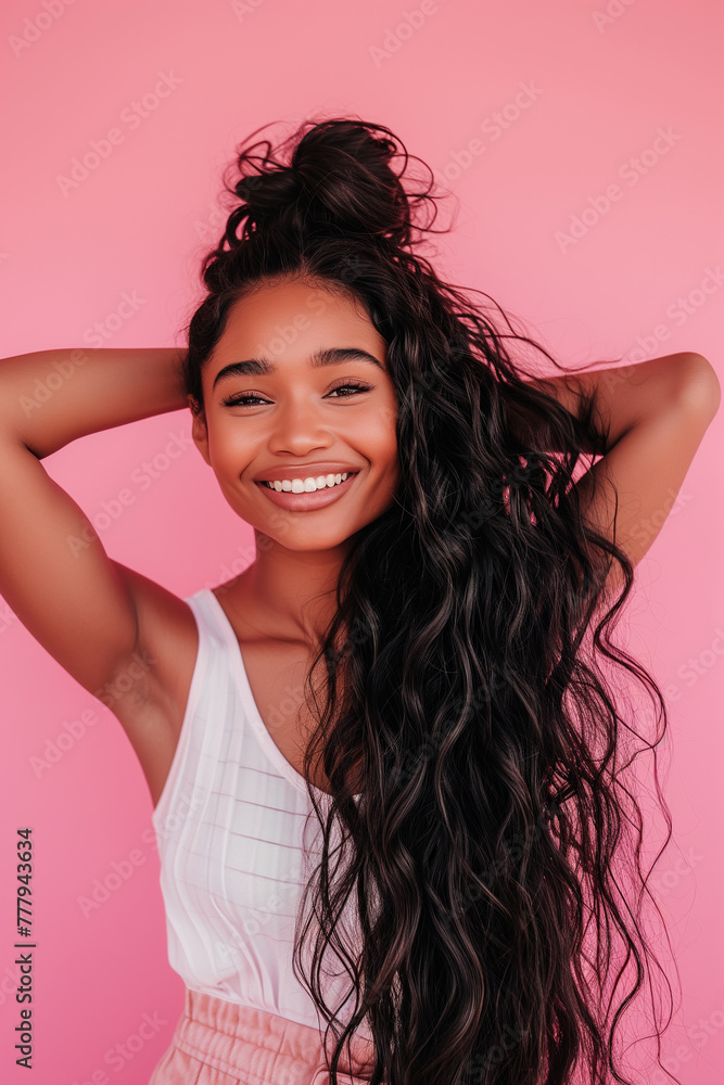 Bright-Eyed Black Woman with Voluminous Curly Bun, Sunlit Smile, Pink Backdrop, White Striped Top, Effervescent Beauty, Playful Pose, Natural Curly Hair, Warm Glow, Lifestyle Portrait Bright-Eyed Black Woman with Voluminous Curly Bun, Sunlit Smile, Pink Backdrop, White Striped Top, Effervescent Beauty, Playful Pose, Natural Curly Hair, Warm Glow, Lifestyle Portrait