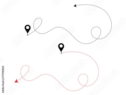 Dashed line arrow route path location pin with winding vector.