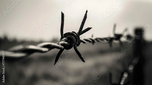 Barbed wire fence close-up, avoid trespassing on the land. Generative ai photo