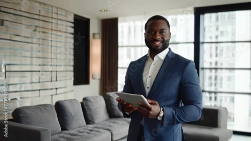 Portrait of successful african realtor with tablet in hands in apartment intended for sale. Real estate agency employee in business suit is waiting to show property. photo