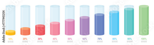 Colourful gradient round slim chart bars template, clear 10%-100% infograph layout. Graphic flat design interface illustration elements for app ui web banner button vector isolated on white background