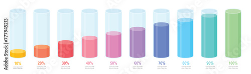 Colourful gradient round slim chart bars template, clear 10%-100% infograph layout. Graphic flat design interface illustration elements for app ui web banner button vector isolated on white background