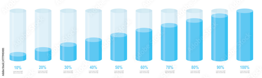 Simple blue round slim chart bars template, clear 10%-100% infograph layout. Graphic flat design interface illustration elements for app ui ux web banner button vector isolated on white background Simple blue round slim chart bars template, clear 10%-100% infograph layout. Graphic flat design interface illustration elements for app ui ux web banner button vector isolated on white background