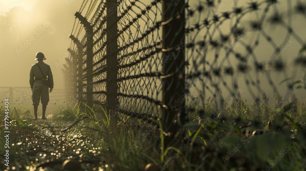 A soldier patrolling a national border with a barbed wire fence A soldier patrolling a national border with a barbed wire fence