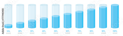 Simple blue round slim chart bars template, clear 10%-100% infograph layout. Graphic flat design interface illustration elements for app ui ux web banner button vector isolated on white background