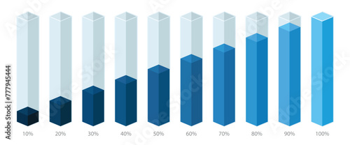 Blue gradient chart bars template, 10% to 100% number text. Flat design business interface illustration inforchart infographic elements for ads app ui ux web banner vector isolated on white background