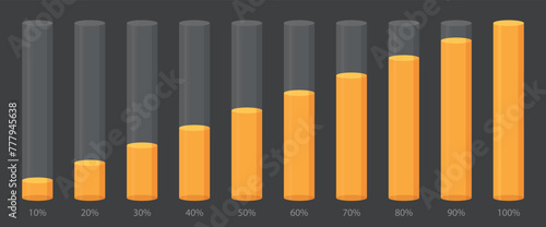 Bright yellow round slim chart bars template, clear 10%-100% infograph layout. Graphic flat design interface illustration elements for app ui web banner button vector isolated on black background