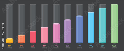 Colourful gradient round slim chart bars template, clear 10%-100% infograph layout. Graphic flat design interface illustration elements for app ui web banner button vector isolated on black background