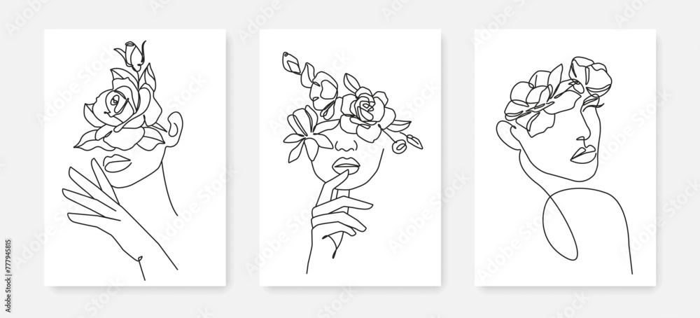 Female Face with Flowers Line Art Drawing Prints Set. Minimal Linear Illustration of Woman Face and Flowers. Set of Black Lines Drawings on White Background for Trendy Design. Vector Illustration