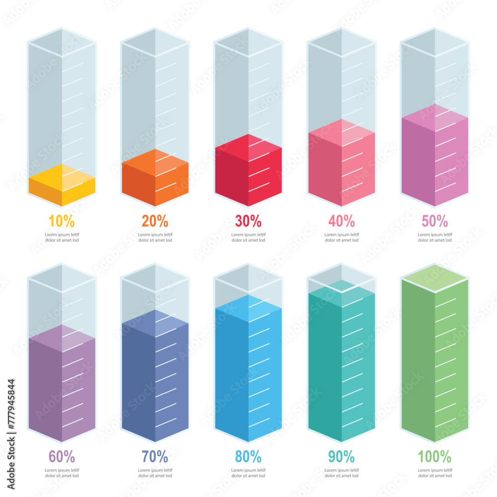 Colorful gradient chart bars template, 10% to 100% number text. Flat design business interface illustration infochart infographic elements for ads app ui web banner vector isolated on white background Colorful gradient chart bars template, 10% to 100% number text. Flat design business interface illustration infochart infographic elements for ads app ui web banner vector isolated on white background