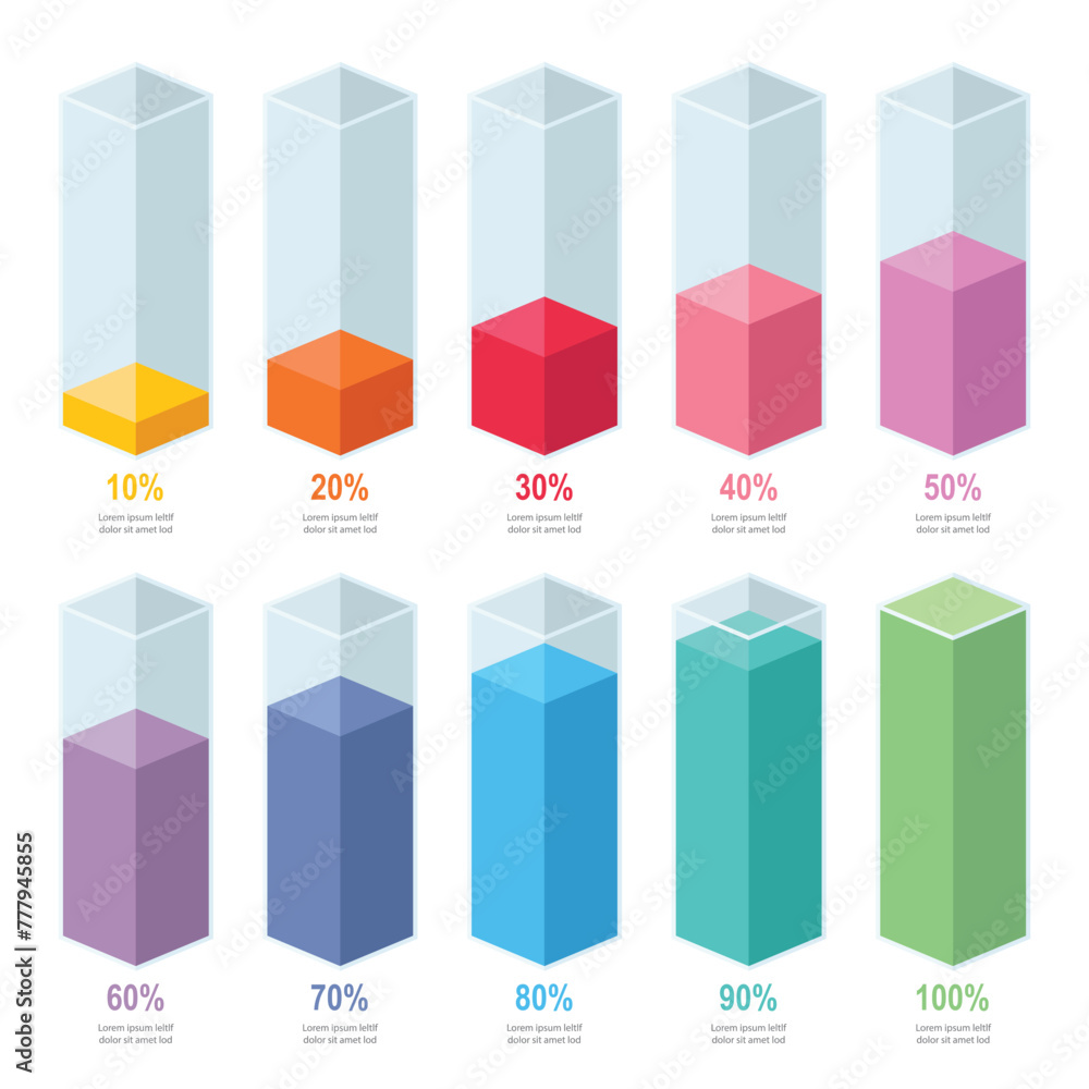 Colorful gradient chart bars template, 10% to 100% number text. Flat design business interface illustration infochart infographic elements for ads app ui web banner vector isolated on white background