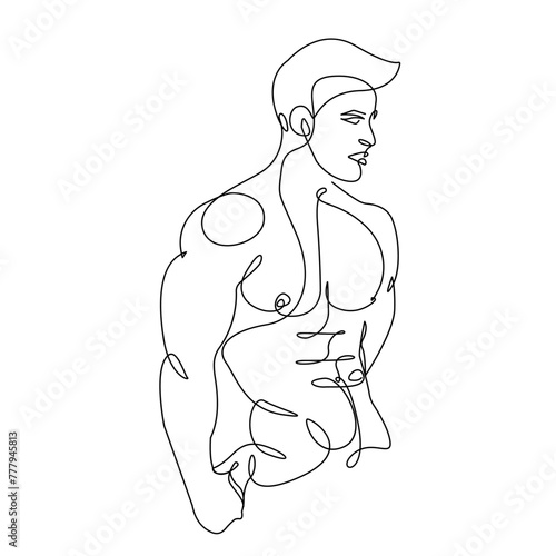 Muscular Male Body Abstract Silhouette Trendy Line Art Drawing. One Line Illustration of Male Figure Minimalistic Black Lines Drawing. Naked Man Body for Modern Scandinavian Design. Vector EPS 10
