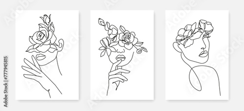 Female Face with Flowers Line Art Drawing Prints Set. Minimal Linear Illustration of Woman Face and Flowers. Set of Black Lines Drawings on White Background for Trendy Design. Vector Illustration