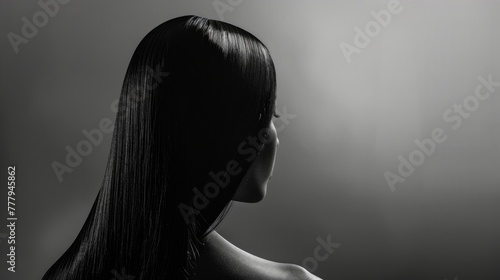 Asian woman with straight black hair back view.