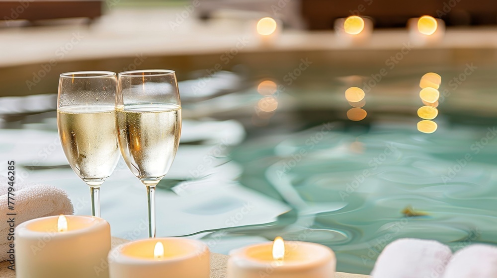 Romantic Evening, Wine Glasses and Candlelight by the Bath. Generative ai Romantic Evening, Wine Glasses and Candlelight by the Bath. Generative ai