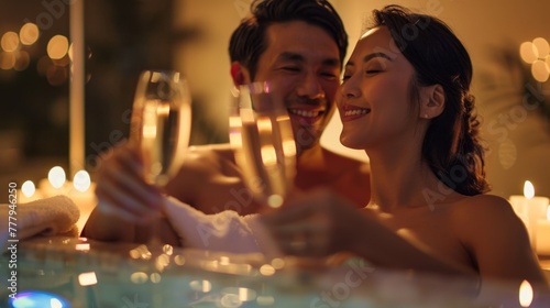 Newlywed Asian Couple's Romantic Spa Escapade in Candlelit Bathtub with champagne glasses. Generative ai