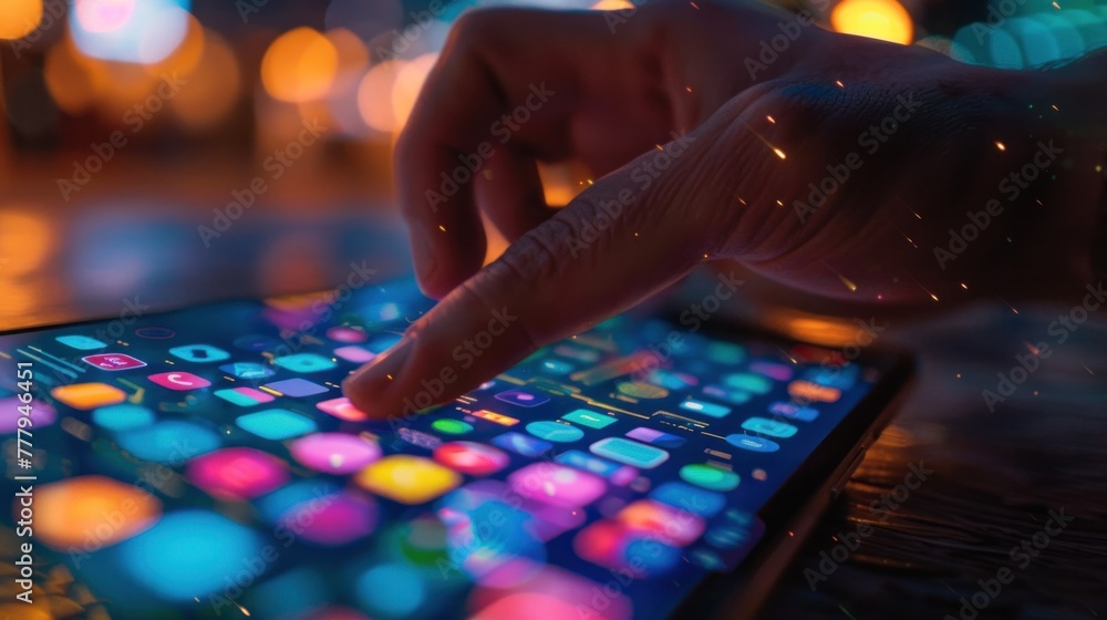 A person's hand touching a glowing, colorful digital screen with application icons, signifying modern touchscreen technology use at night. A person's hand touching a glowing, colorful digital screen with application icons, signifying modern touchscreen technology use at night.