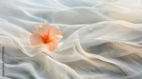 A light pink geranium flower resting on a clean white sheet © tashechka