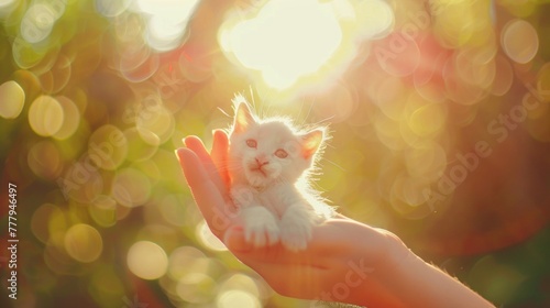 A person carefully holds a small white kitten in their hand, showing tenderness and care towards the furry animal
