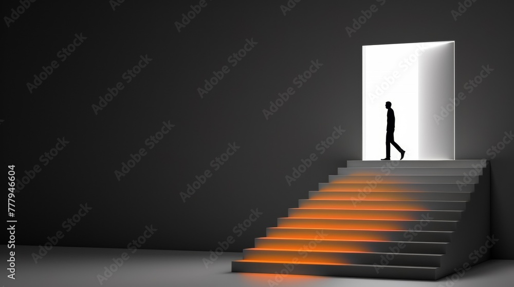 A man standing at the top of a staircase, preparing to descend