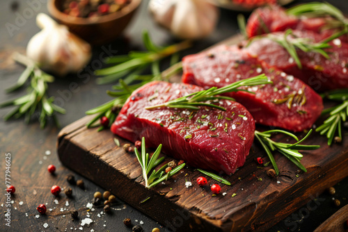 fresh raw steak meat on wooden board with rosemary and spice.