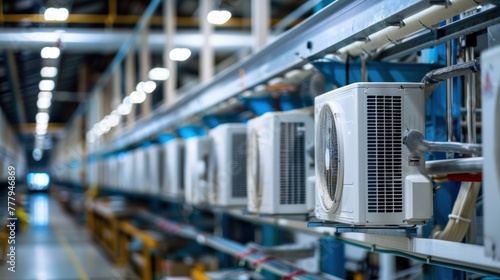 Air conditioning units mounted on a wall inside an industrial facility with metal structures and blurred background.