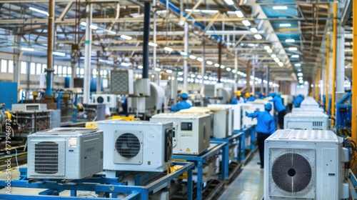 Workers on an assembly line in a factory manufacturing air conditioning units with equipment and finished products visible.