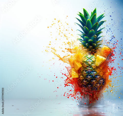 Gustosa frutta Ananas con pezzi, esplosione di colore liquido, frutta tropicale, acqua, colorato, movimento photo