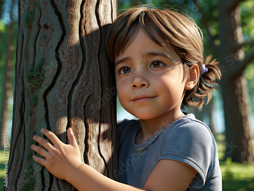 A small girl hug the tree photo