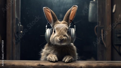 Rabbit wearing headphones listening to music